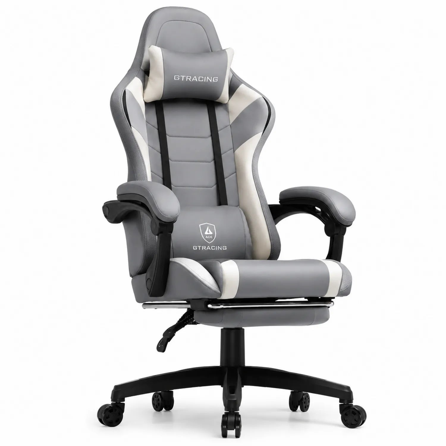 Chaise de bureau ergonomique en cuir PU gris avec accoudoirs réglables et repose-pieds