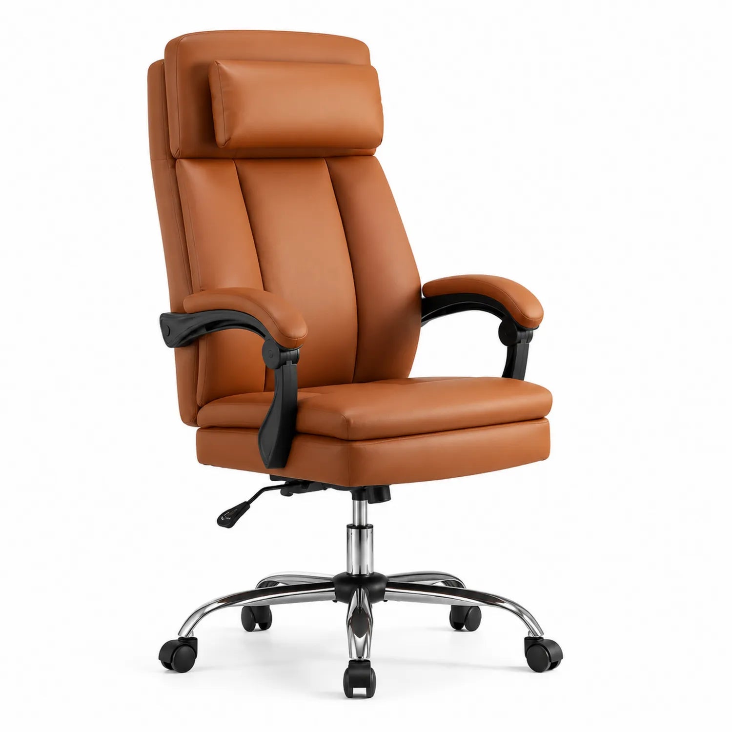 Chaise de bureau en cuir PU marron avec base chromée