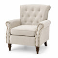 Fauteuil en Lin Beige avec Accoudoirs Cloutés et Pieds en Bois Massif