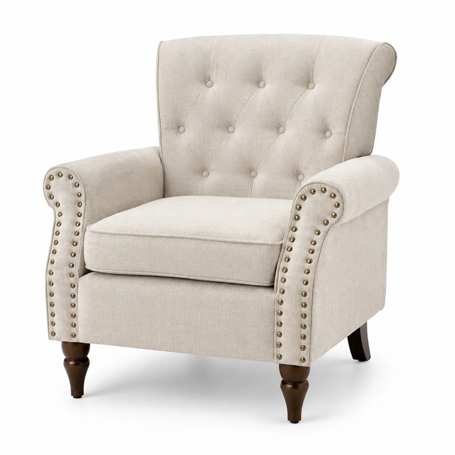 Fauteuil en Lin Beige avec Accoudoirs Cloutés et Pieds en Bois Massif