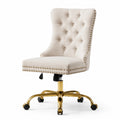 Chaise de bureau pivotante en lin beige avec base en métal doré