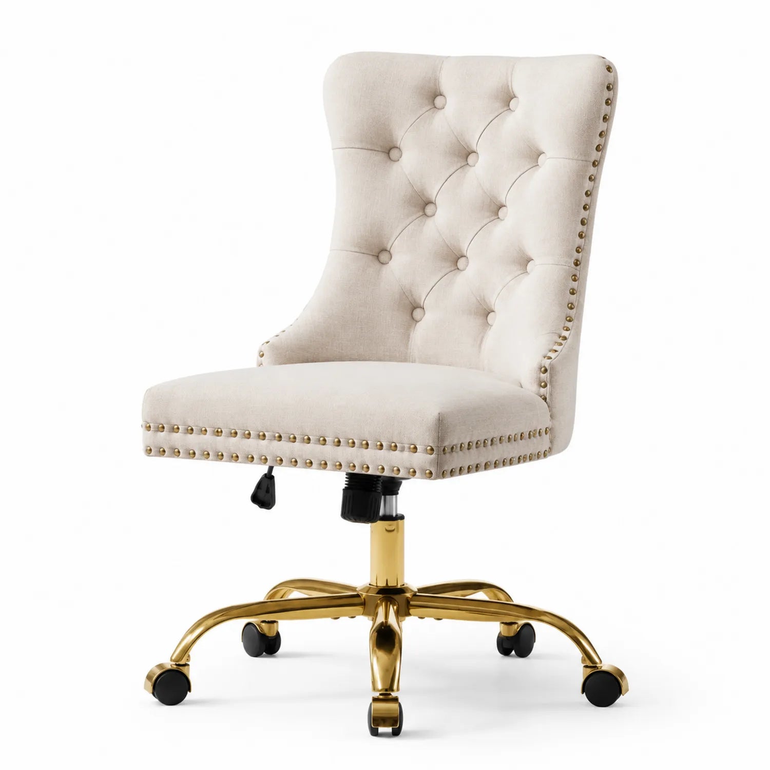 Chaise de bureau pivotante en lin beige avec base en métal doré