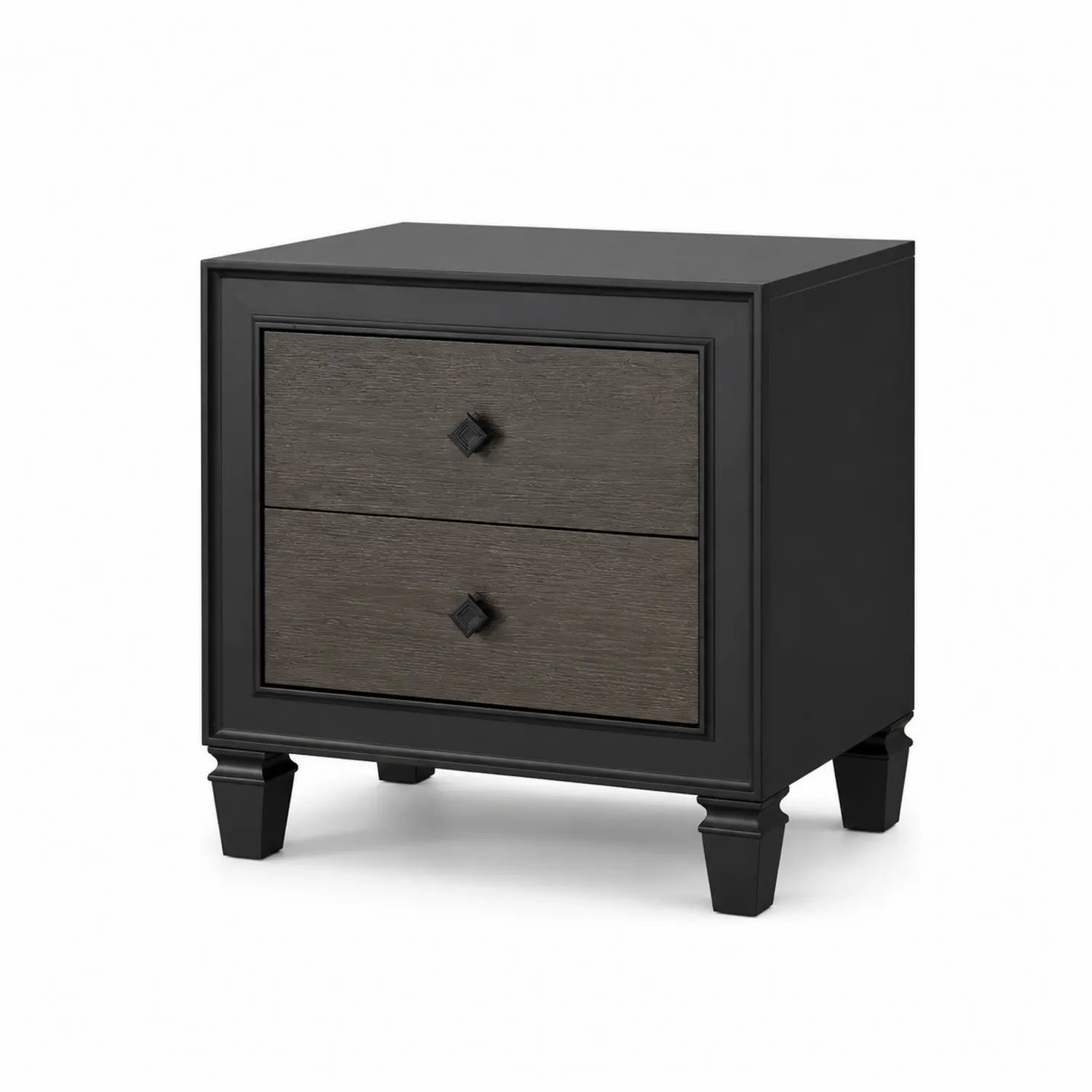 Table de chevet à deux tiroirs en bois et métal noir