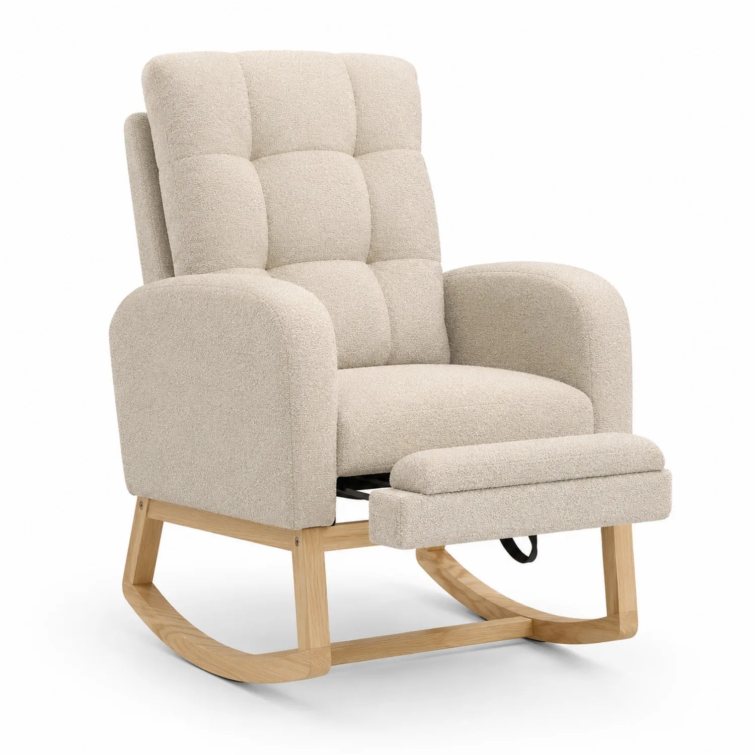 Fauteuil à bascule en tissu bouclé beige avec repose-pieds